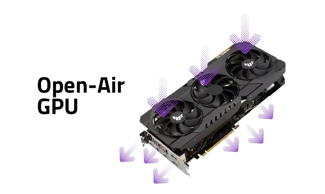 GPU com cooler open air, o ar entra pelas ventoinhas e é jogado para fora da placa por todos os lados.